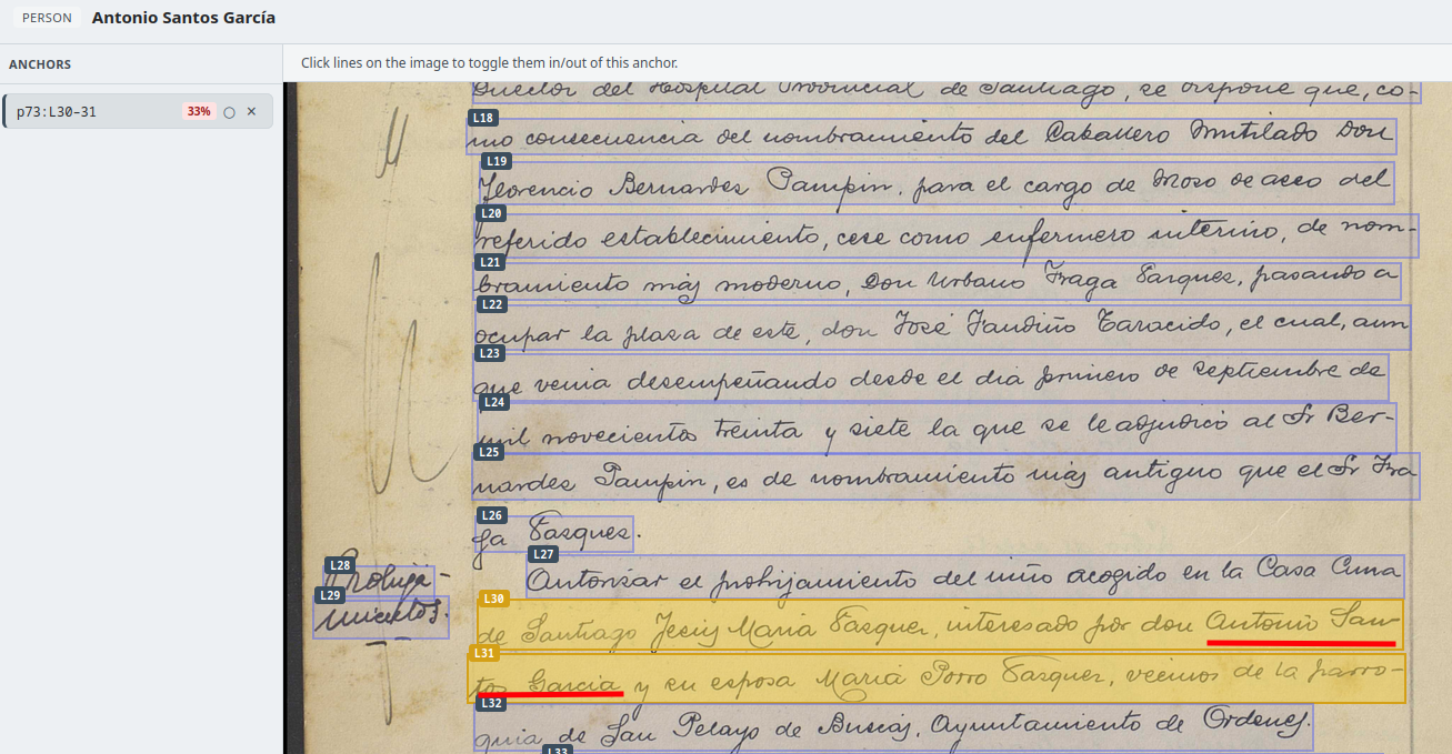 A claimed entity highlighted on the original page image with the exact line that supports it framed.