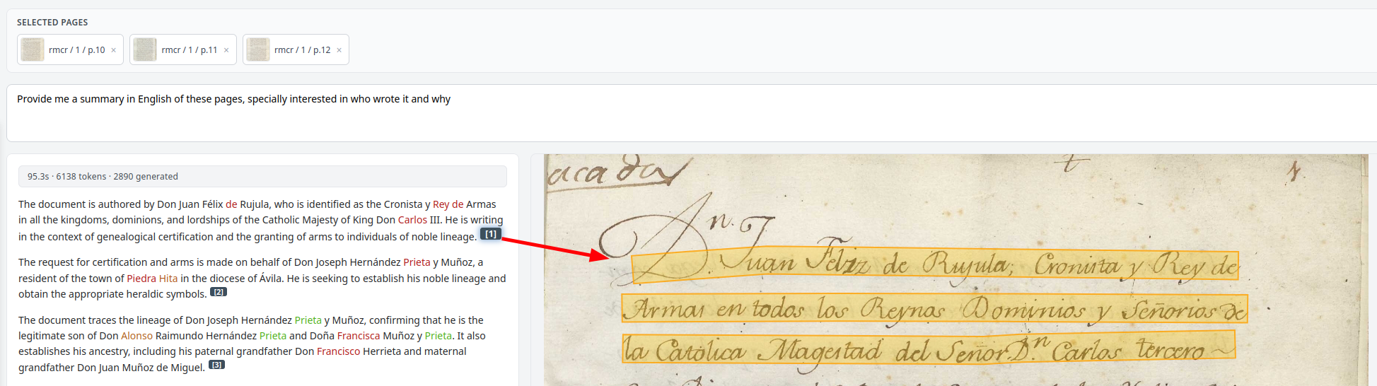 A natural-language answer beside the original handwritten page, with every claim linked to a specific line of the manuscript.