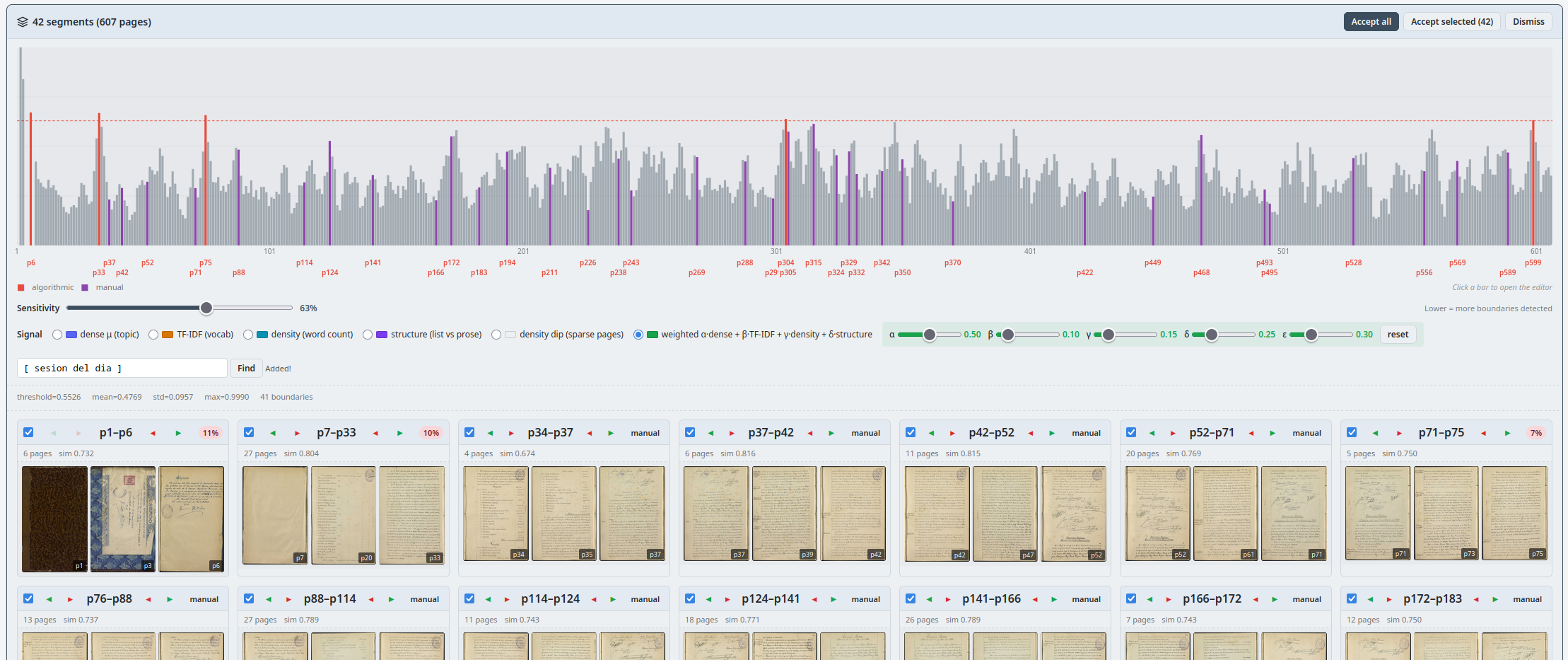 A book split into proposed documents based on a meaning-shift signal, shown as a histogram across the book with vertical lines at each proposed cut.
