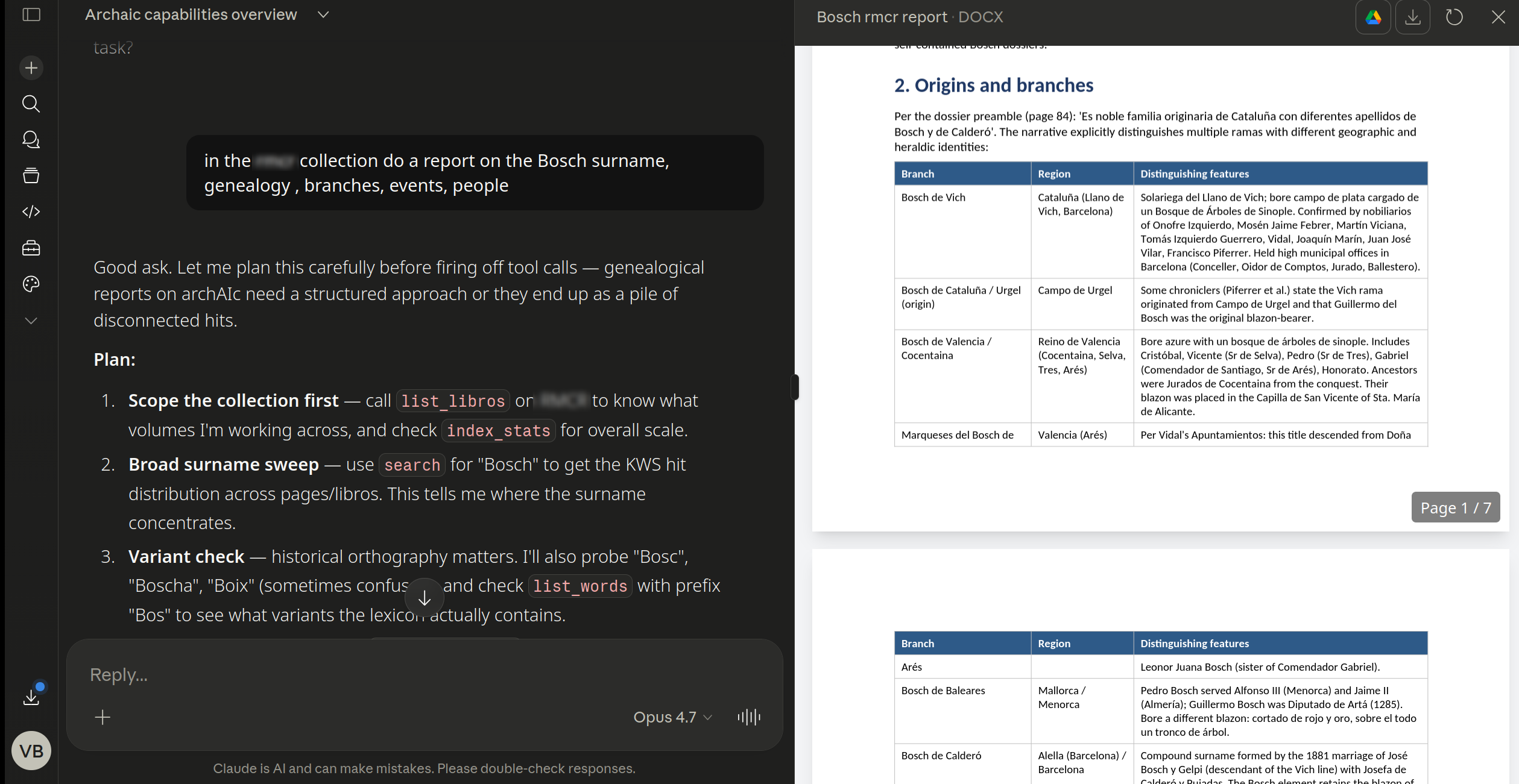 An AI assistant producing a chronology of a surname's appearances across the archive, with citations to specific pages and lines.
