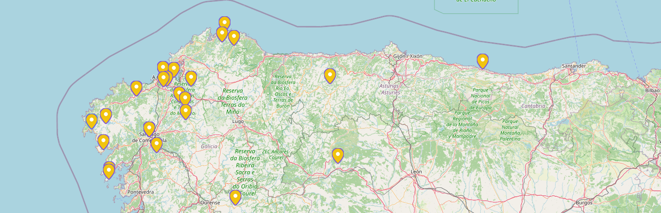 Places named in a libro plotted on a map, each pin linked back to the page and line where the place is mentioned.