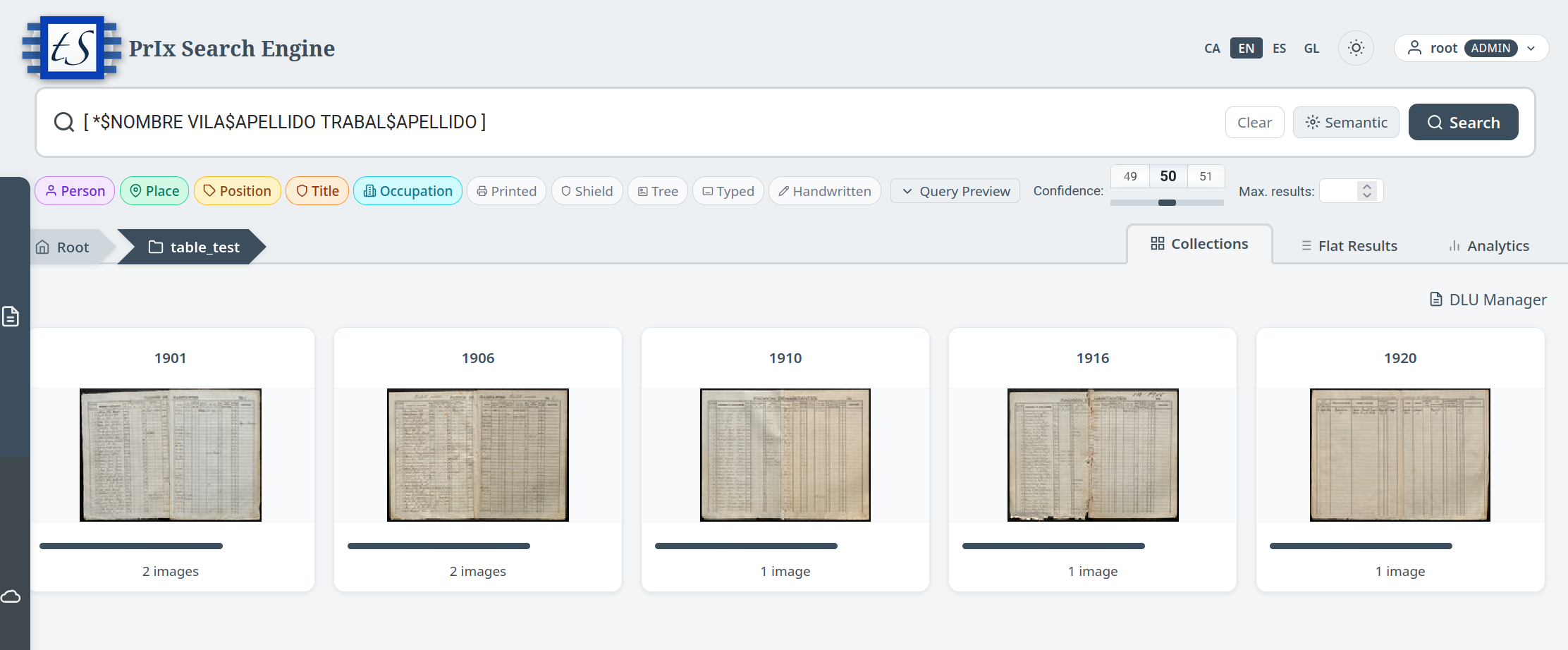 An archive shown as a tree of collections, books and pages with aggregated match counts beside each node.