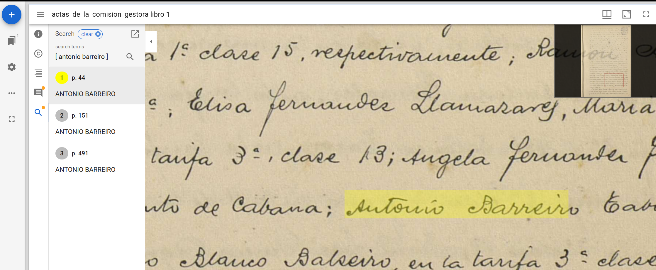 A standard manuscript viewer searching across the pages of an archAIc-hosted book.
